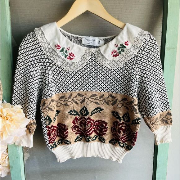 Vintage Sweaters - Vintage Sweater Loft Rose Lace Collar Sweater Size SP Puff Sleeve Cottagecore